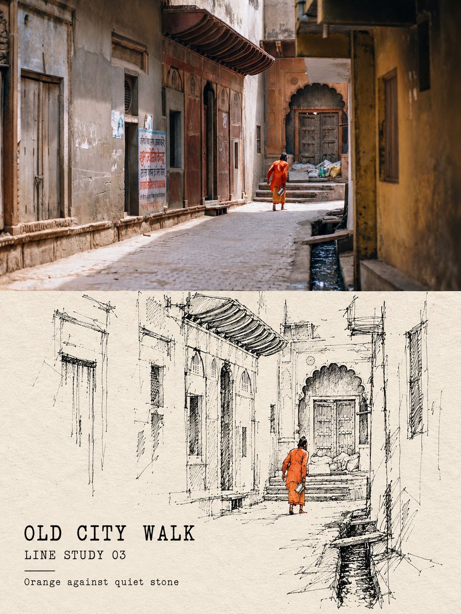 双联对照旅行海报：真实摄影与现场速写转绘